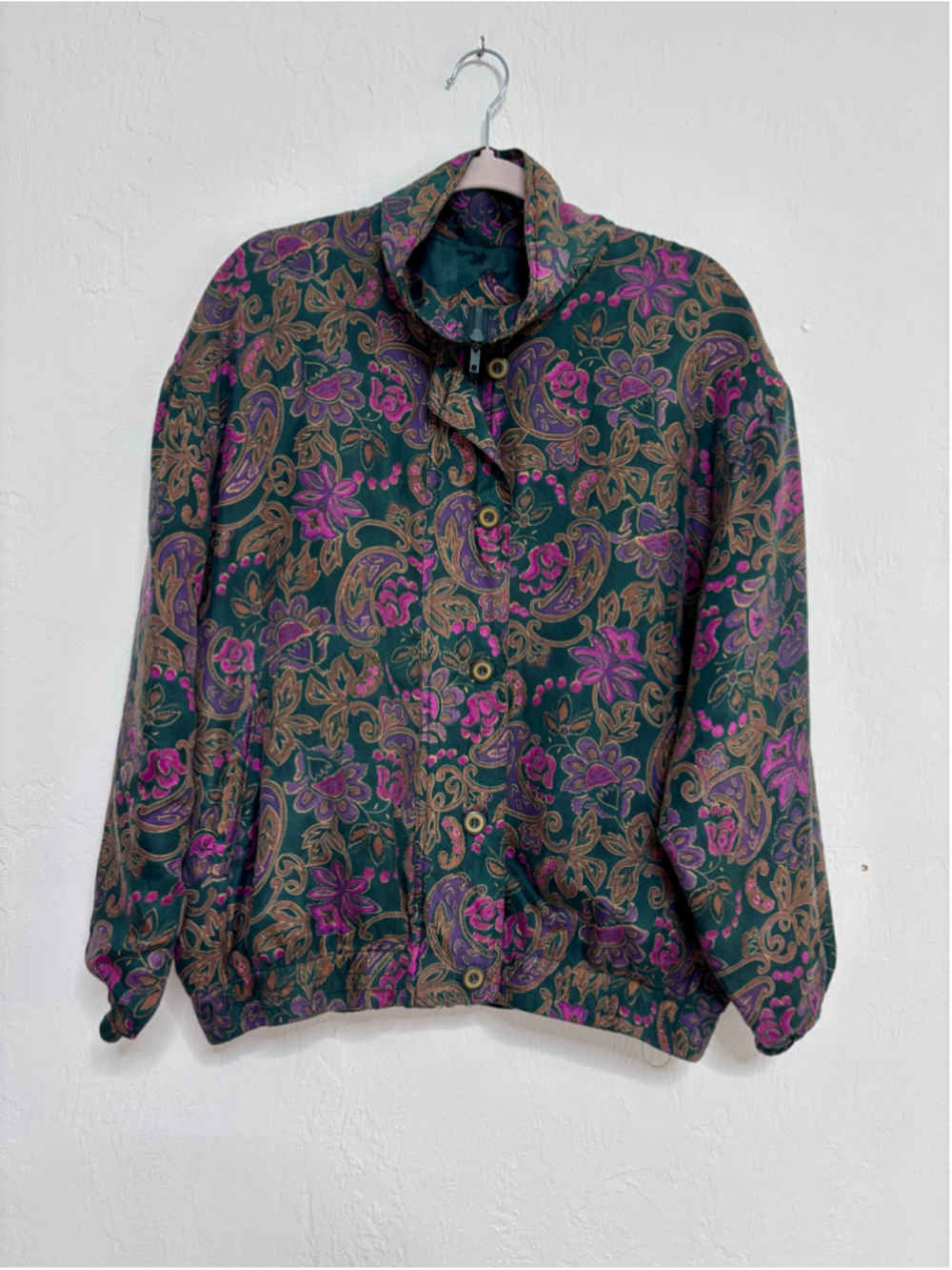 Women's Vital Zone Silk Floral Paisley Jacket, Size L, Green and Purple